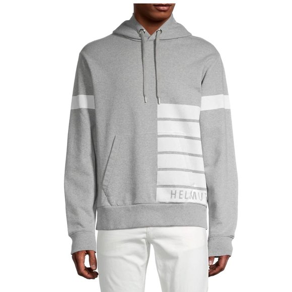 Helmut Lang Hoodie Striped Logo Printed Sport Sweatshirt Size Large in Gray